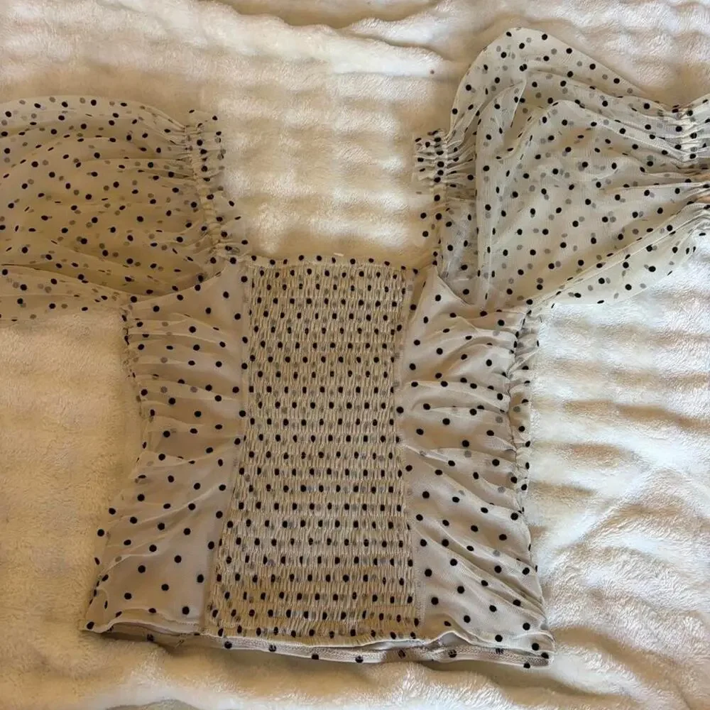 Anthropologie Maeve Ivory Black Polka Dot Ruched Puff Sleeve Blouse S